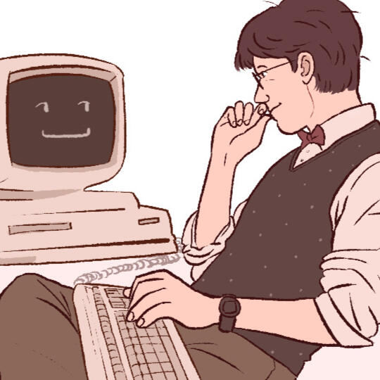 a picture of a character smiling at a computer who is smiling back at him