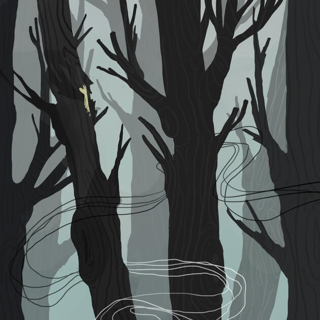 a green and blue digital painting of a spooky, wooded forest