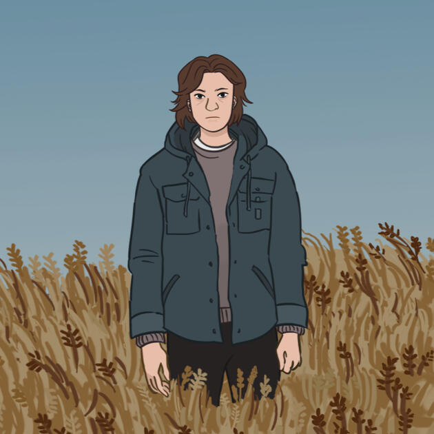 a picture of a character standing in a field of prairie grass