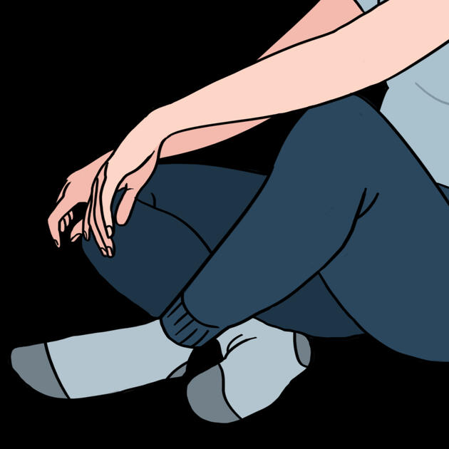 a colored digital illustration that has been cropped to feature just the arms and legs of someone sitting down