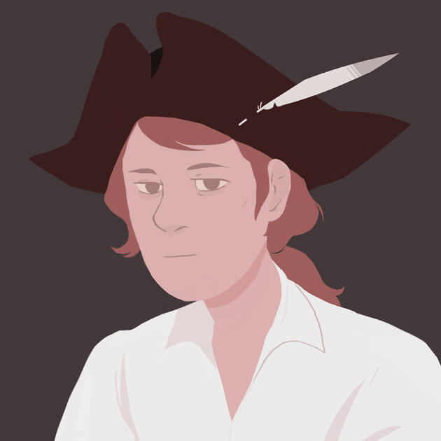 a portrait of a man with strawberry blonde hair and brown eyes in a white shirt and tricorne, adorned with a gull feather