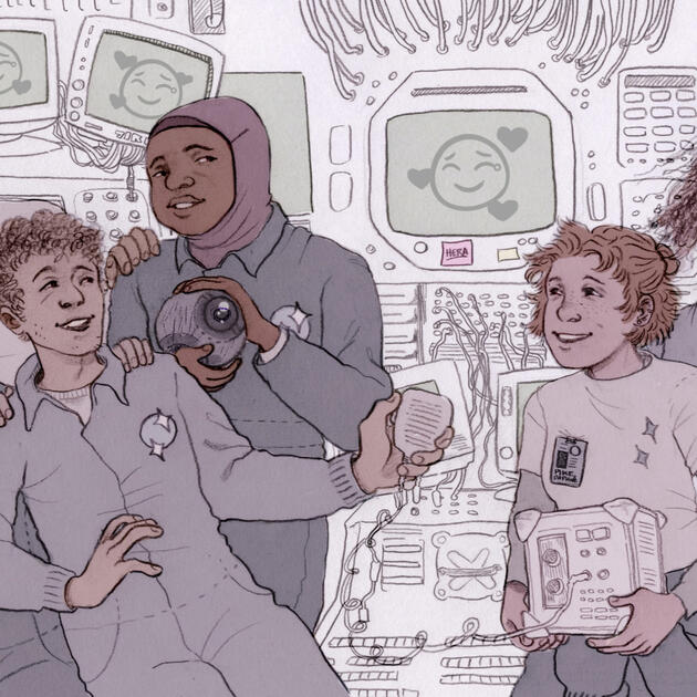 a traditional style illustration of astronauts happily serenading their ship's computer