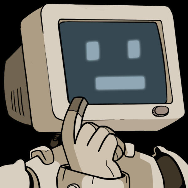 a colored digital illustration of a robot with a beige computer monitor fir a head, displaying a neutral thinking face/expression