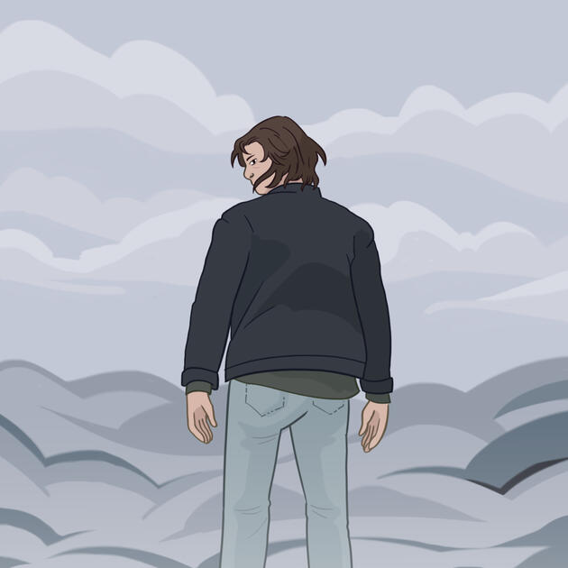 a colored digital illustration of a figure standing amidst a sea of clouds, peering over their left shoulder at the viewer