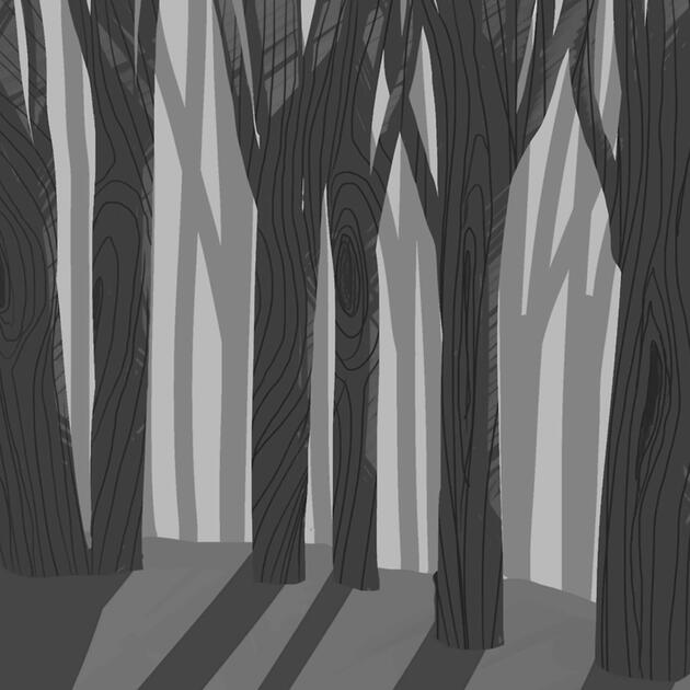 a stylized black and white digital painting of a wooded forest