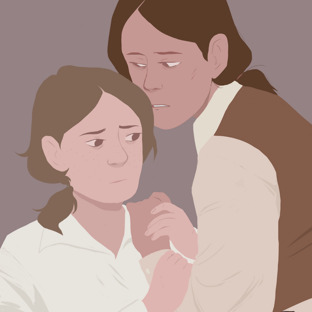 a portrait of two characters in 18th century clothing in a warm neutral color palette