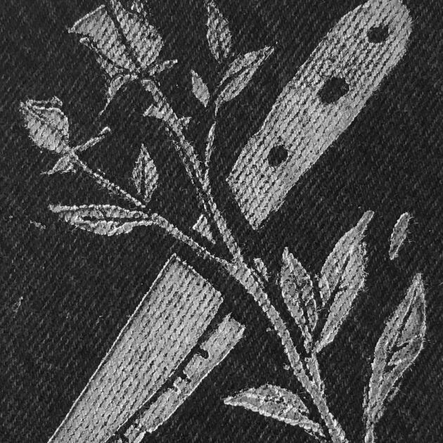 linocut print of a kitchen knife and a trimmed rose bush twig
