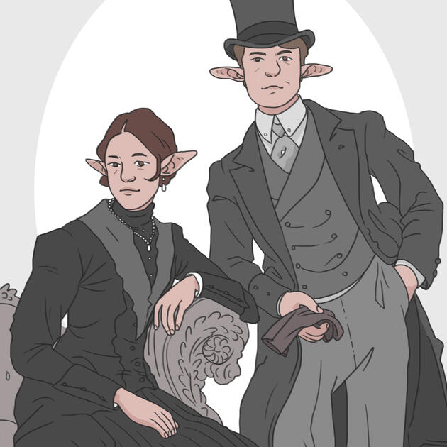 a monochrome-colored digital illustration of two characters in Victorian mourning attire posing for a portrait together