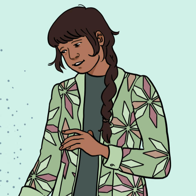 a digital illustration of a character in a quilt jacket
