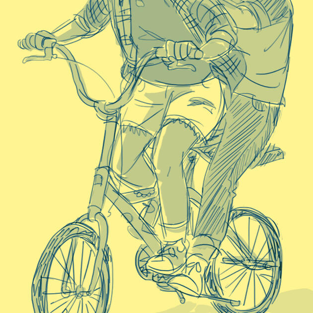 a stylized digital illustration of two people riding on a bike