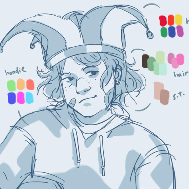 a rough sketch showing palette work - of a character wearing a jester cap and hoodie with a band-aid on their cheek