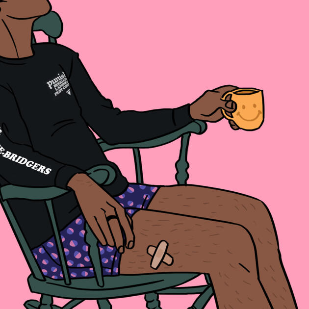 a digital illustration of a character in a t-shirt and underwear sitting in a green wooden rocking chair holding a smiley face mug