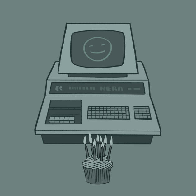 a green and teal illustration of a computer with a happy face on it sitting in front of a cupcake with 9 candles in it