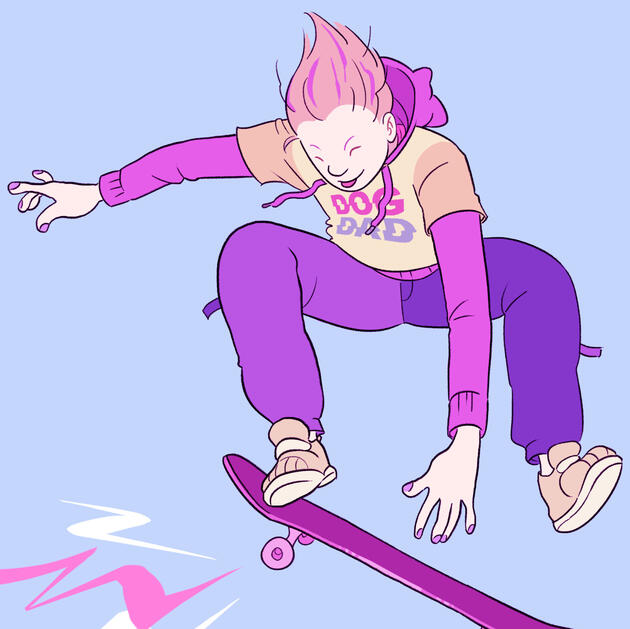a picture of a character shredding it on a skateboard in a bi/trans color palette