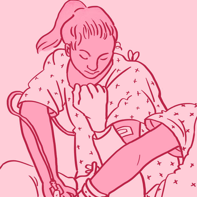 a pink graphic illustration based on Judith Slaying Holofernes by Artemisia Gentileschi