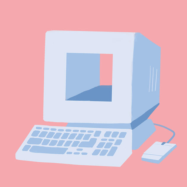 a stylized pink and blue illustration of a Commodore-style computer with no screen