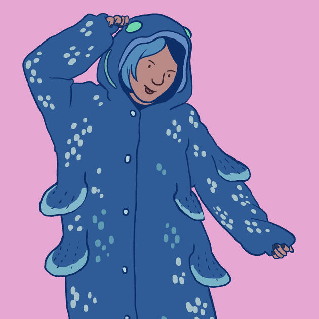 a colorful digital illustration of a person wearing a coelacanth kigurumi and posing playfully
