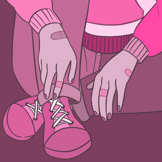 a cropped digital illustration colored exclusively in pinks and purples which shows someone sitting down in a cramped position, bandage-covered hands and fingers casually draped over a pair of sneaker-covered feet