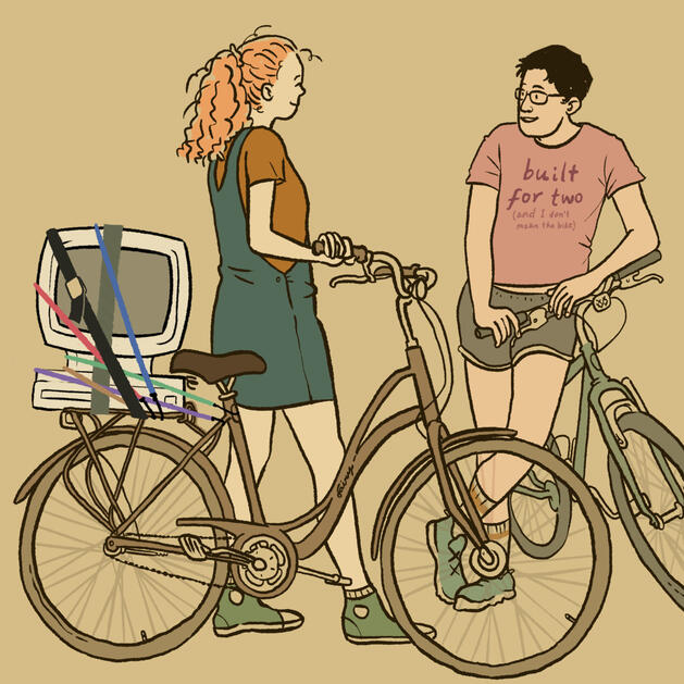 a colorful illustration of two people walking their bikes and chatting